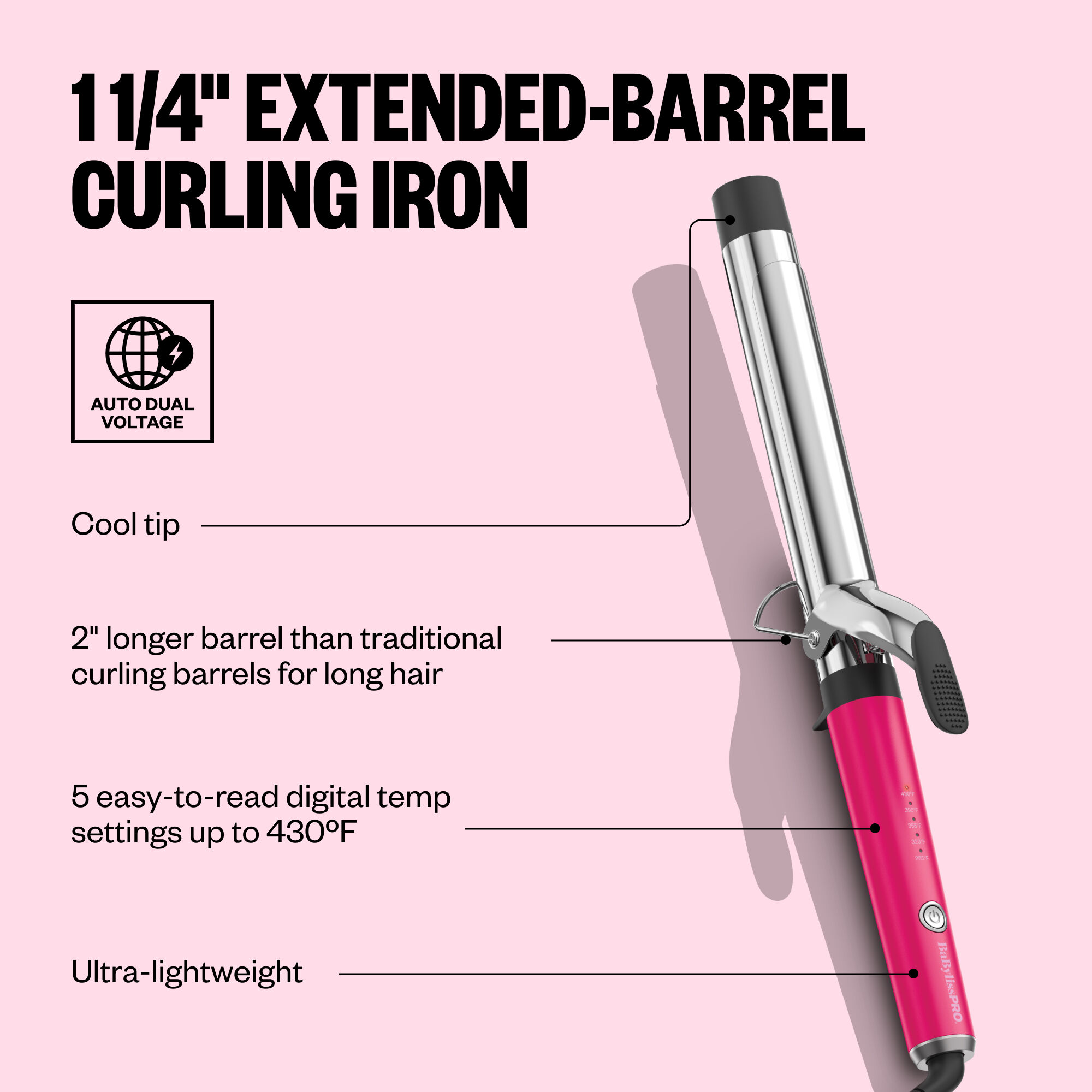 BaBylissPRO® Limited Edition Extended-Barrel 1¼" Curling Iron (Hot Pink) - Image 3